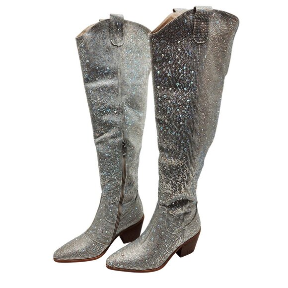 Rhinestone Embellished Silver Western Style Knee-High Boots Block Heel Size 6 - Picture 6 of 12